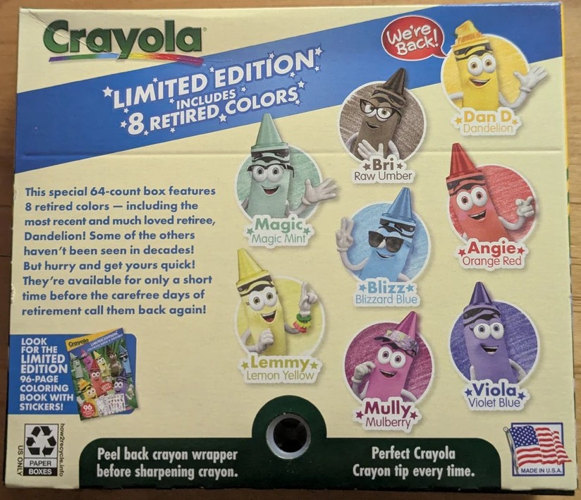 Back of a Crayola Crayon box featuring several retired colors