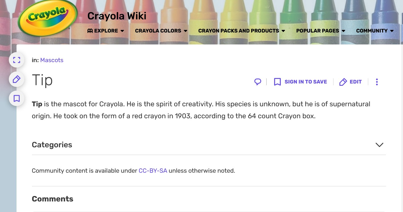 The Crayola wiki page on Tip.
