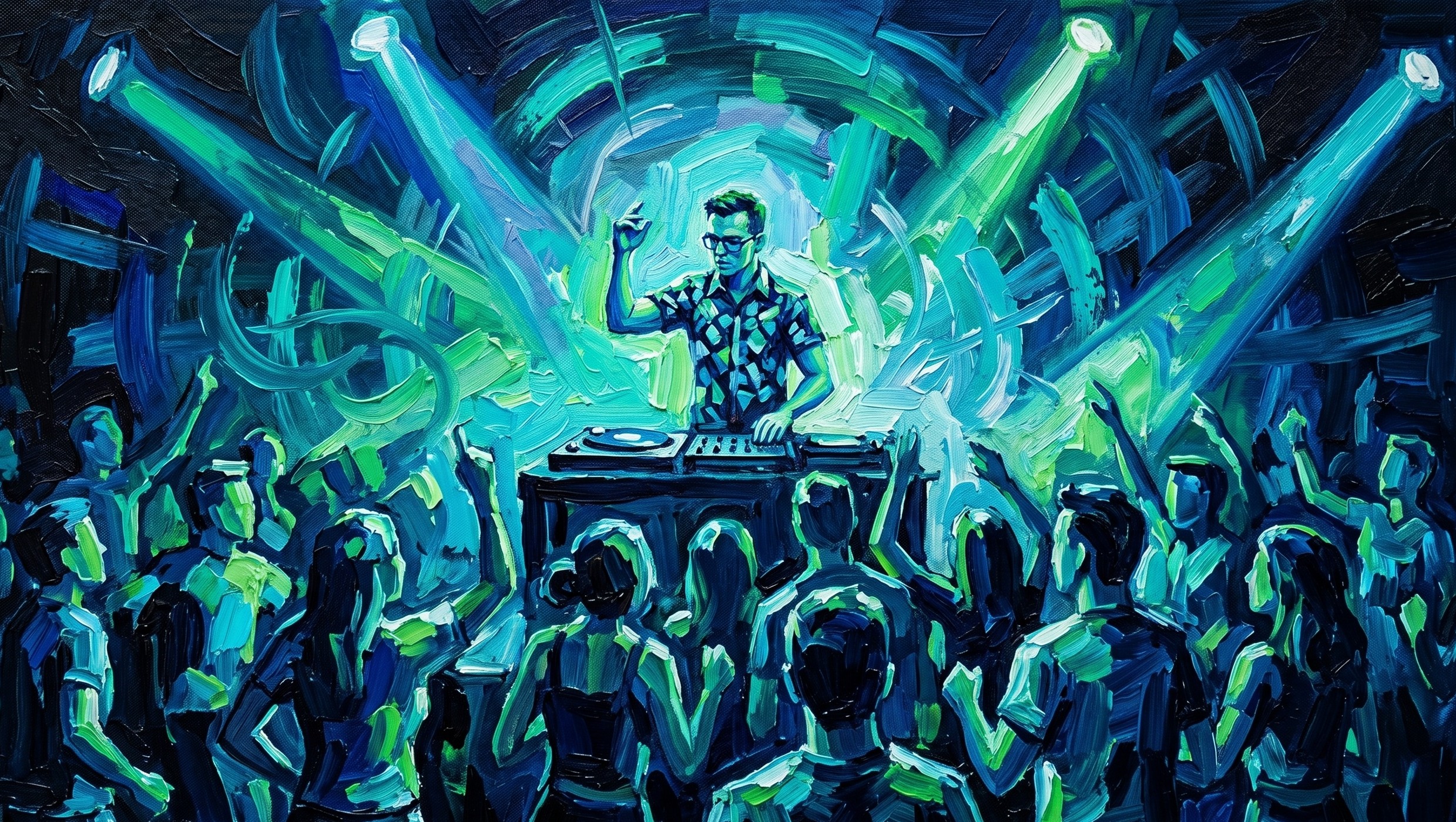 Oil painting of me Djing in a club. Generated by Nano Banana.