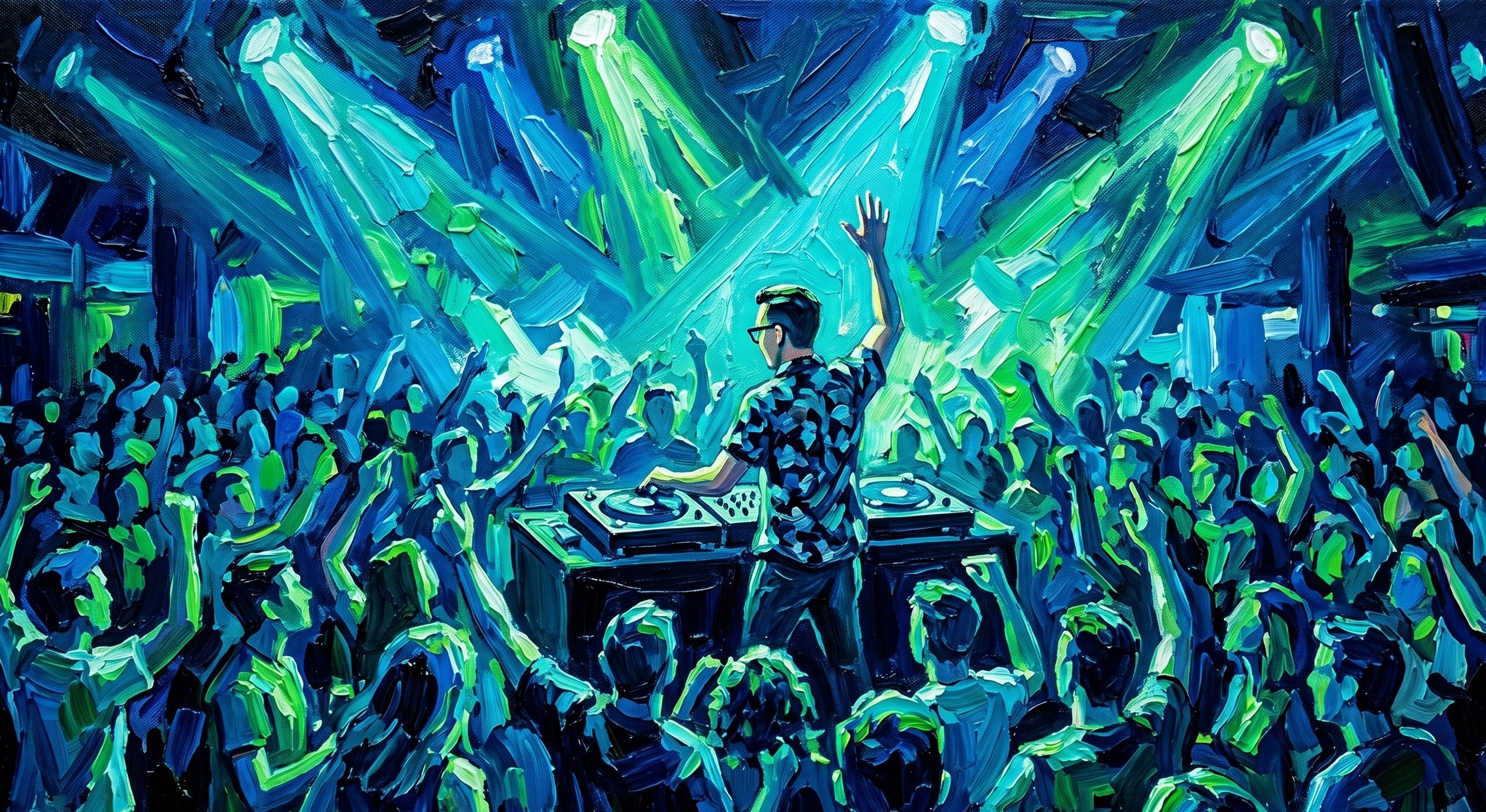 Oil painting of me Djing in a club. Generated by Nano Banana.