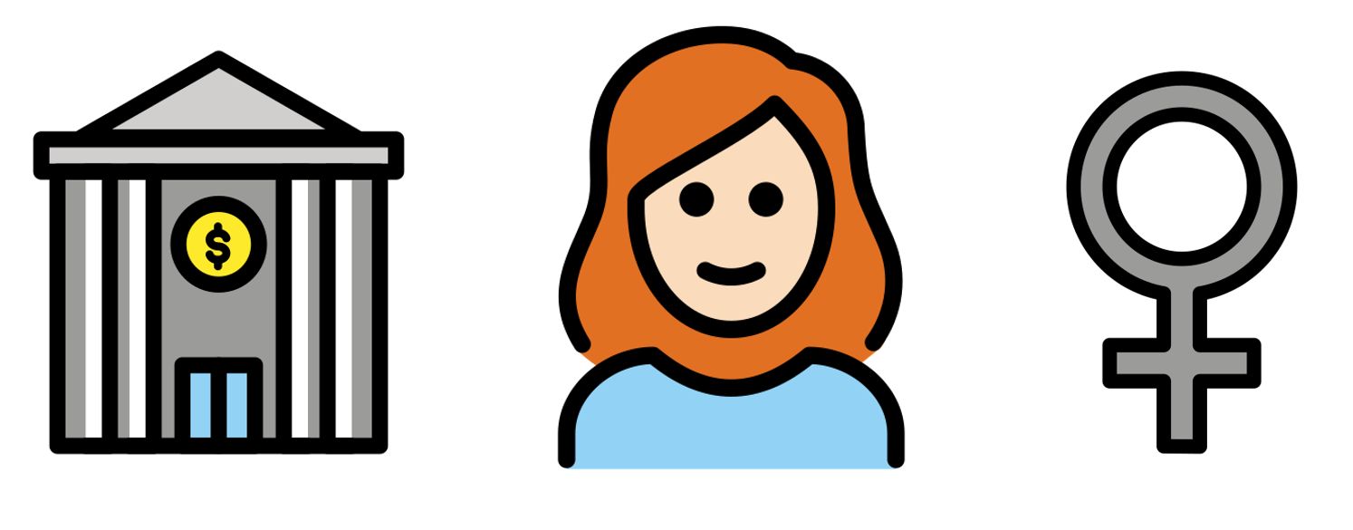 An emoji-style woman next to a bank and a female symbol.