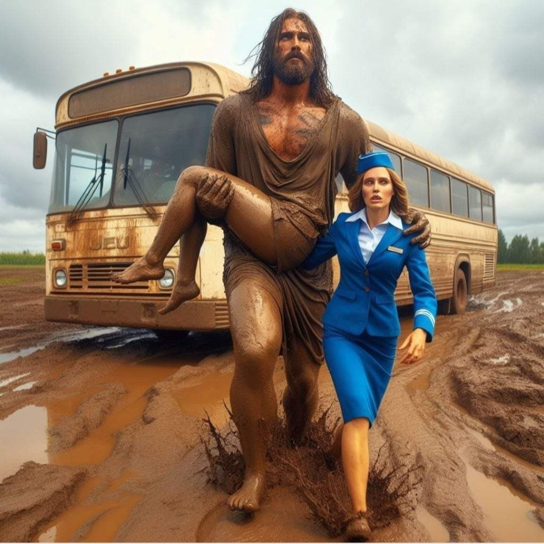 An AI-generated Jesus helping a flight attendant in the mud