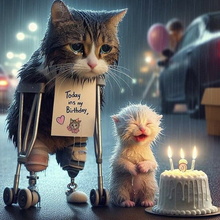 An AI-generated disabled kitten, crying on its birthday
