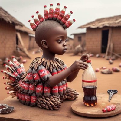 An AI-generated African child-chicken made of Coke bottles