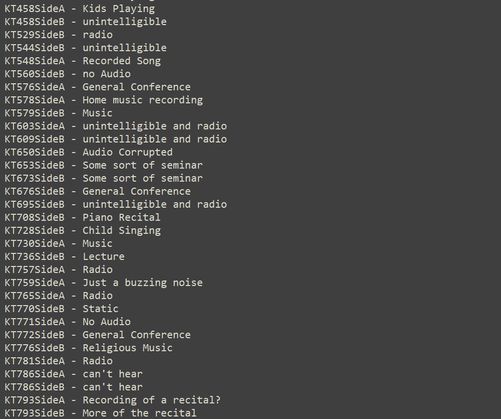 List of reasons tapes were discarded, including 'kids singing', 'no audio', and 'all music'