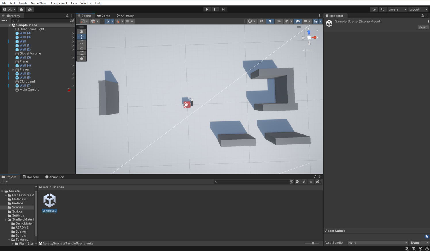 A red cube in the Unity editor, holding a small gun