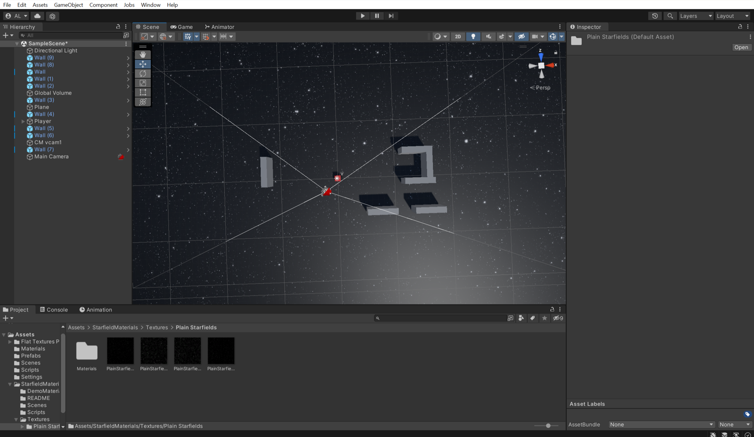A red cube in the Unity editor, holding a small gun. This time with a starry background