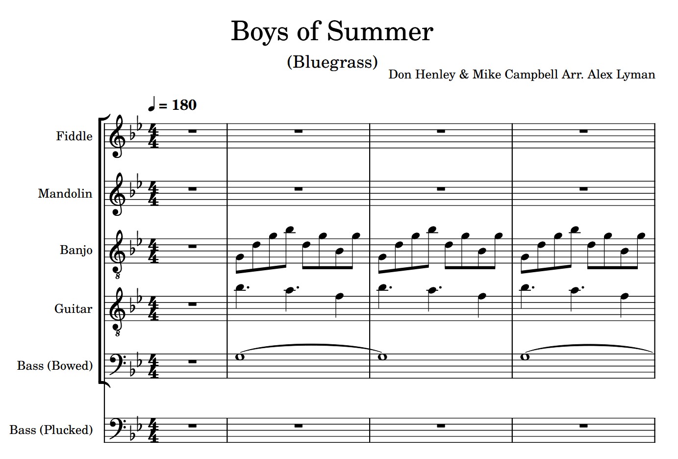 Sheet music to Boys of Summer (bluegrass version) arranged by Alex Lyman.