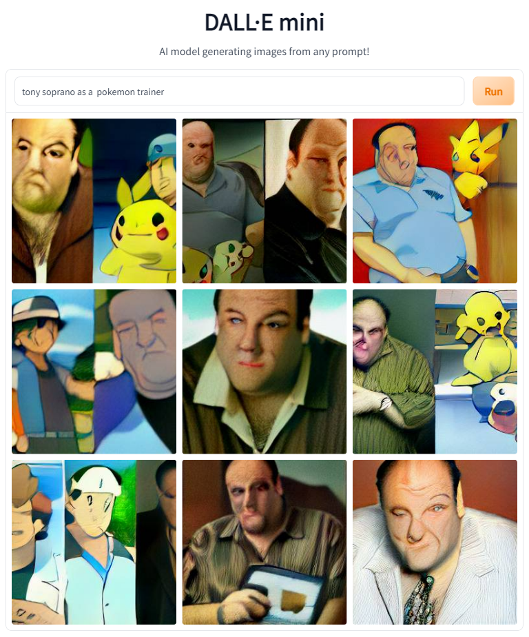 Batch #2 of AI generated images of Tony Soprano as a pokemon trainer. The AI was not very successful.