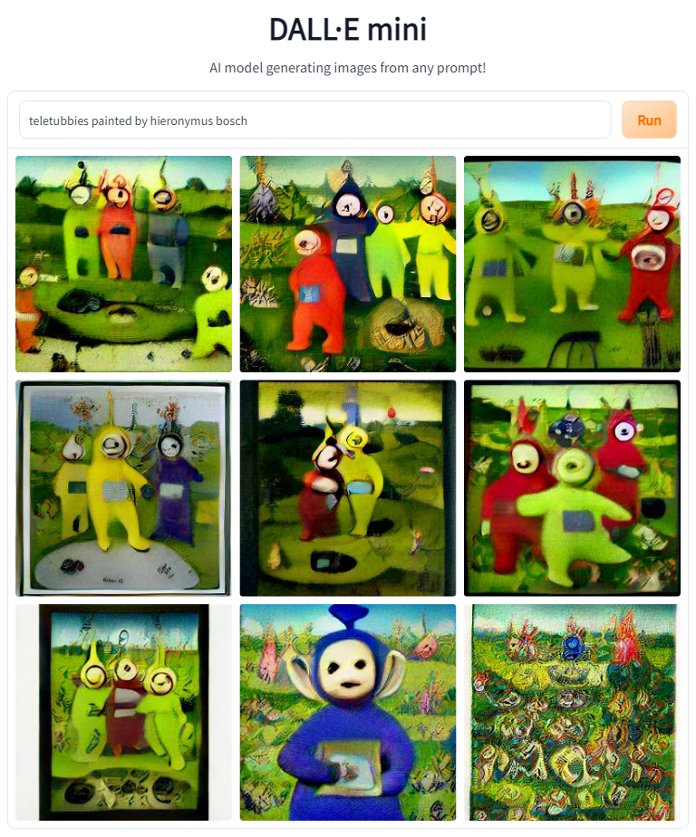 AI generated images of Teletubbies painted by Hieronymus Bosch