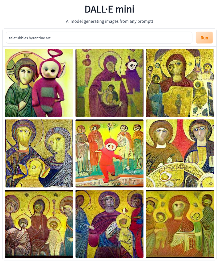 another series of AI generated images of Orthodox icons of Teletubbies