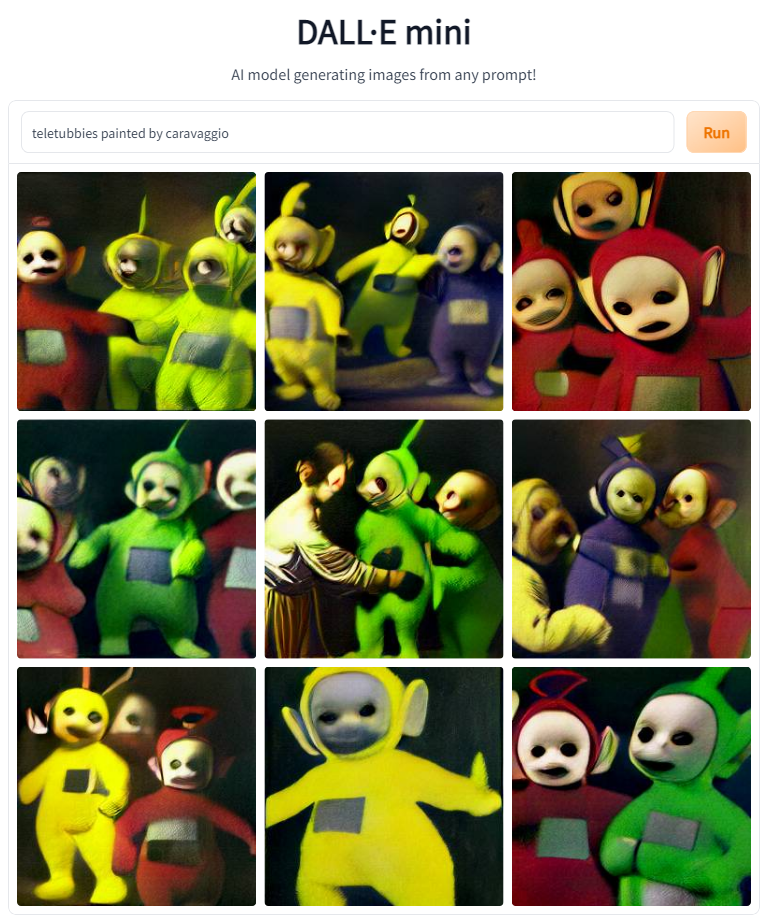 AI generated images of Teletubbies, with shading similar to Caravaggio's style