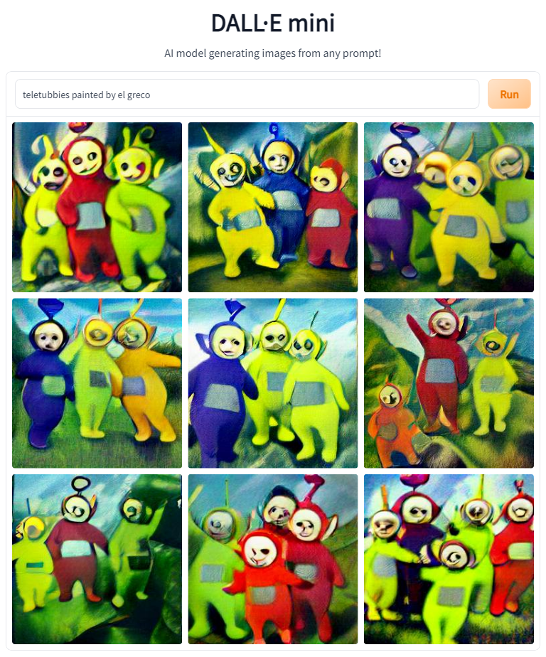 AI generated images of Teletubbies, successfully style transfered to Eld Greco's painting style