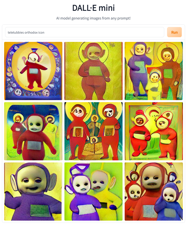 AI generated images of Orthodox icons of Teletubbies