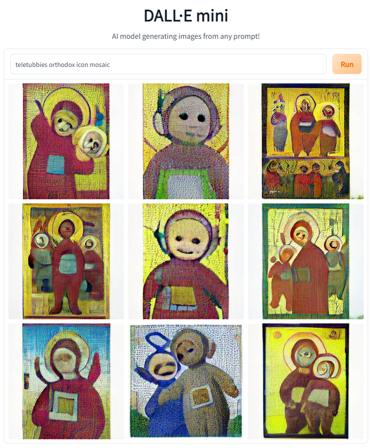 AI generated images of Orthodox icons of Teletubbies in mosaic style
