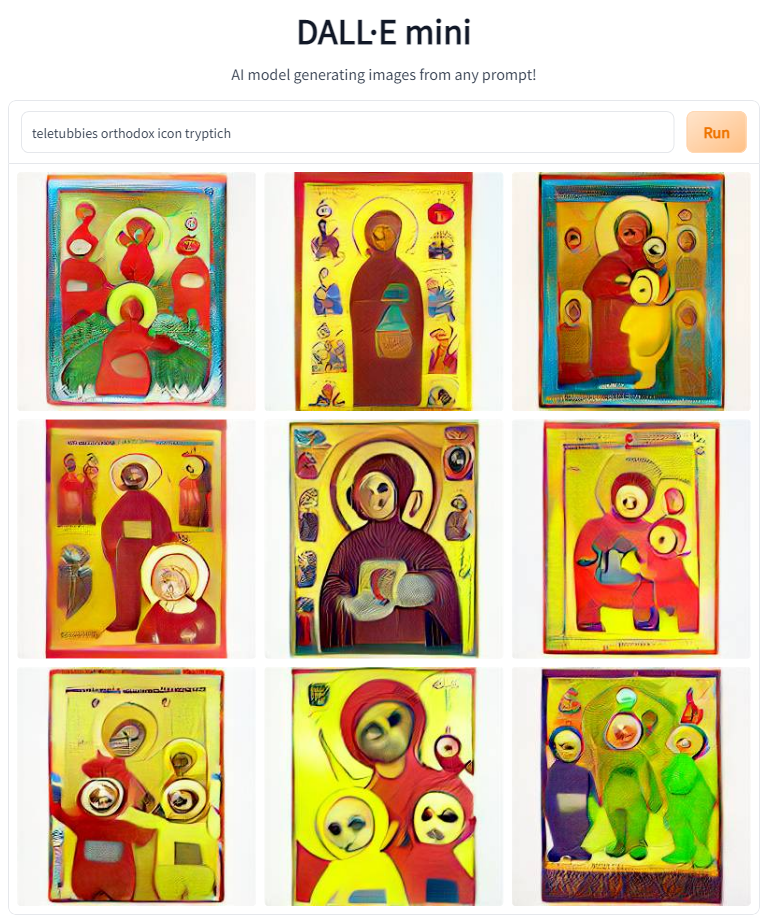 another series of AI generated images of Orthodox icons of Teletubbies