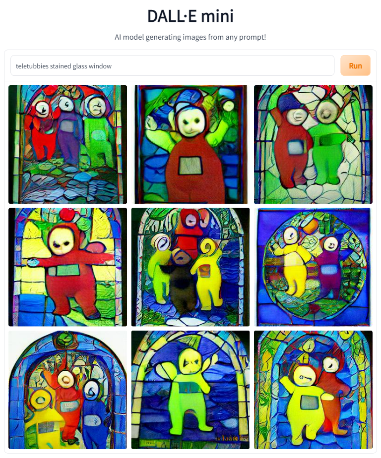 AI generated images of stained glass windows featuring Teletubbies