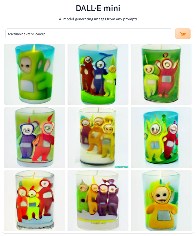 AI generated images of votive candles with Teletubbies on each candle