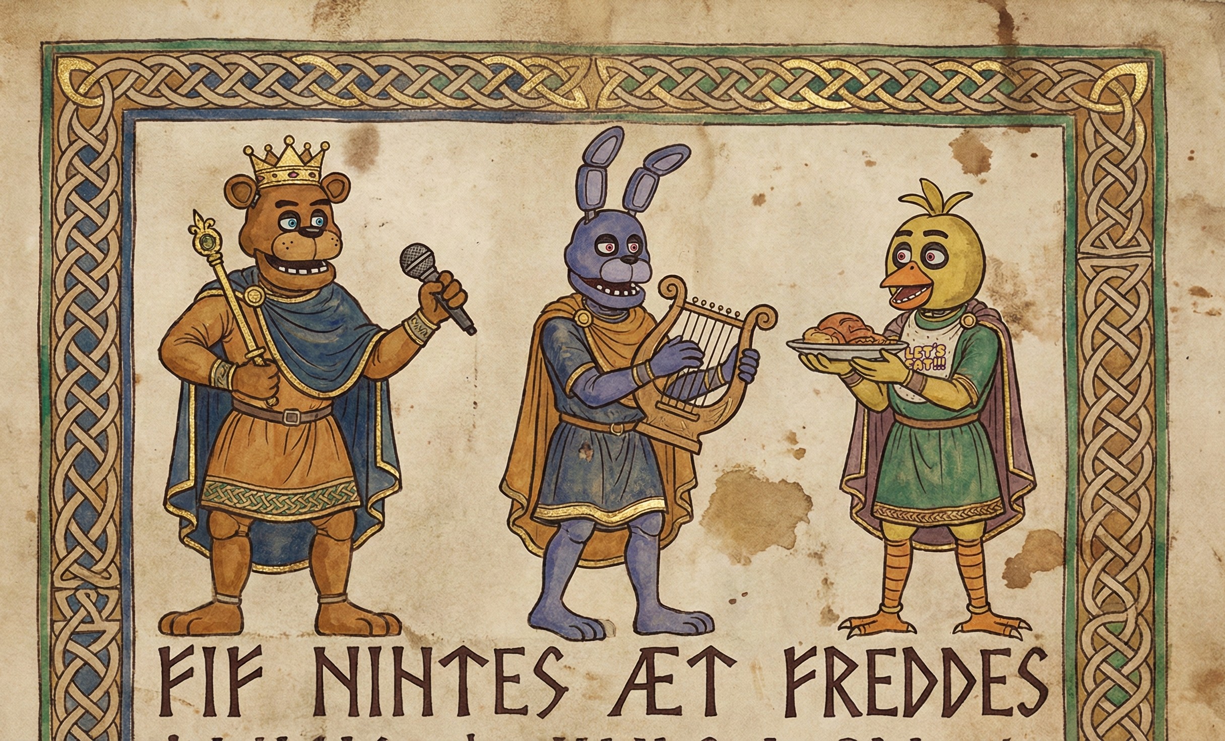 Five Nights at Freddy's characters in Anglo-Saxon style, generated by Nano Banana