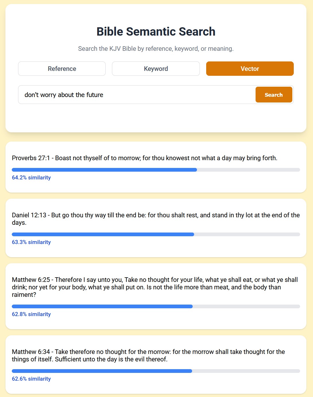 Vector Search on the tool, searching for the term 'don't worry about the future', with relevant results