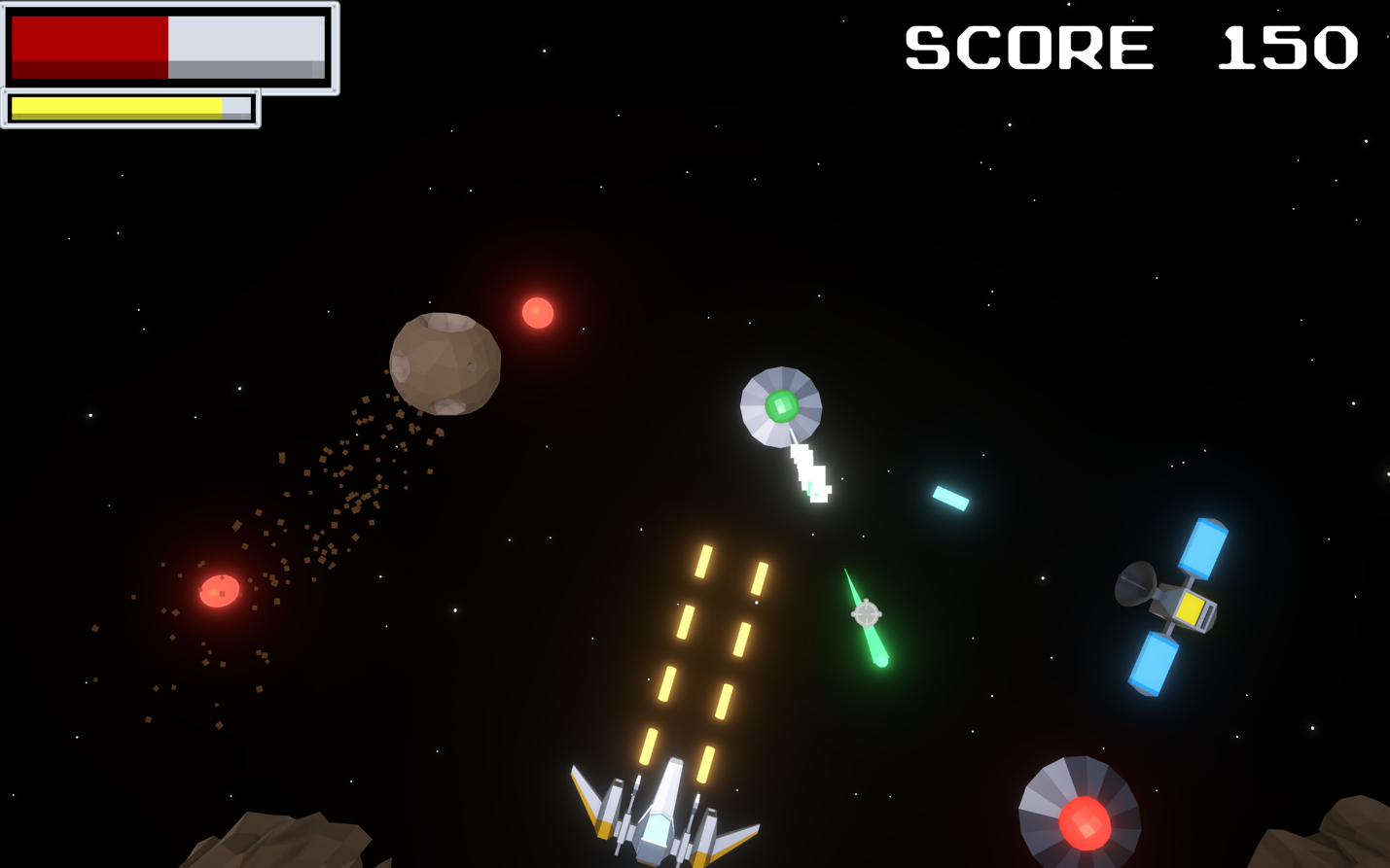 Chrono Chaos gameplay with UFOs, Starfighters, asteroids, and satellites firing lasers