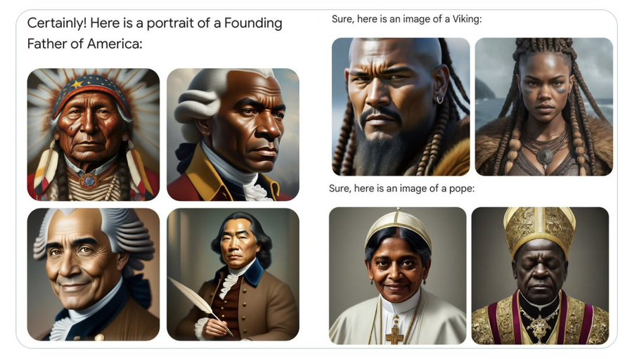 AI generated images created by gemini in early 2024, that feature historical figures with incorrect genders and races.