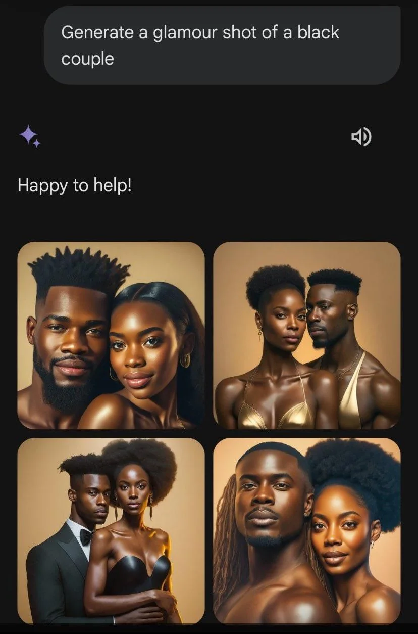 Gemini-generated picture of a glamor shot of a black couple.