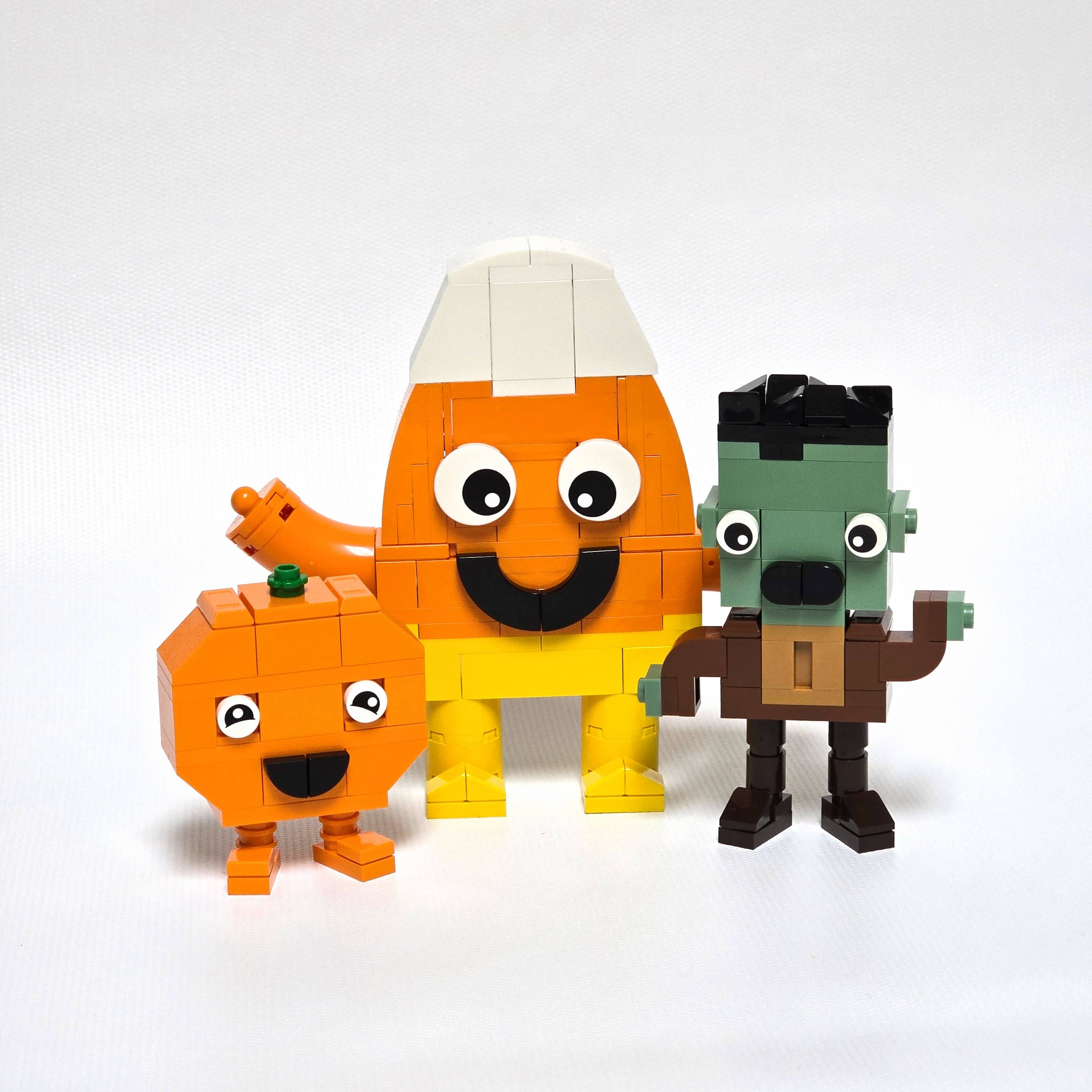 Lego Candy Corn, Frankenstein, and Pumpkin, created by Alex Lyman