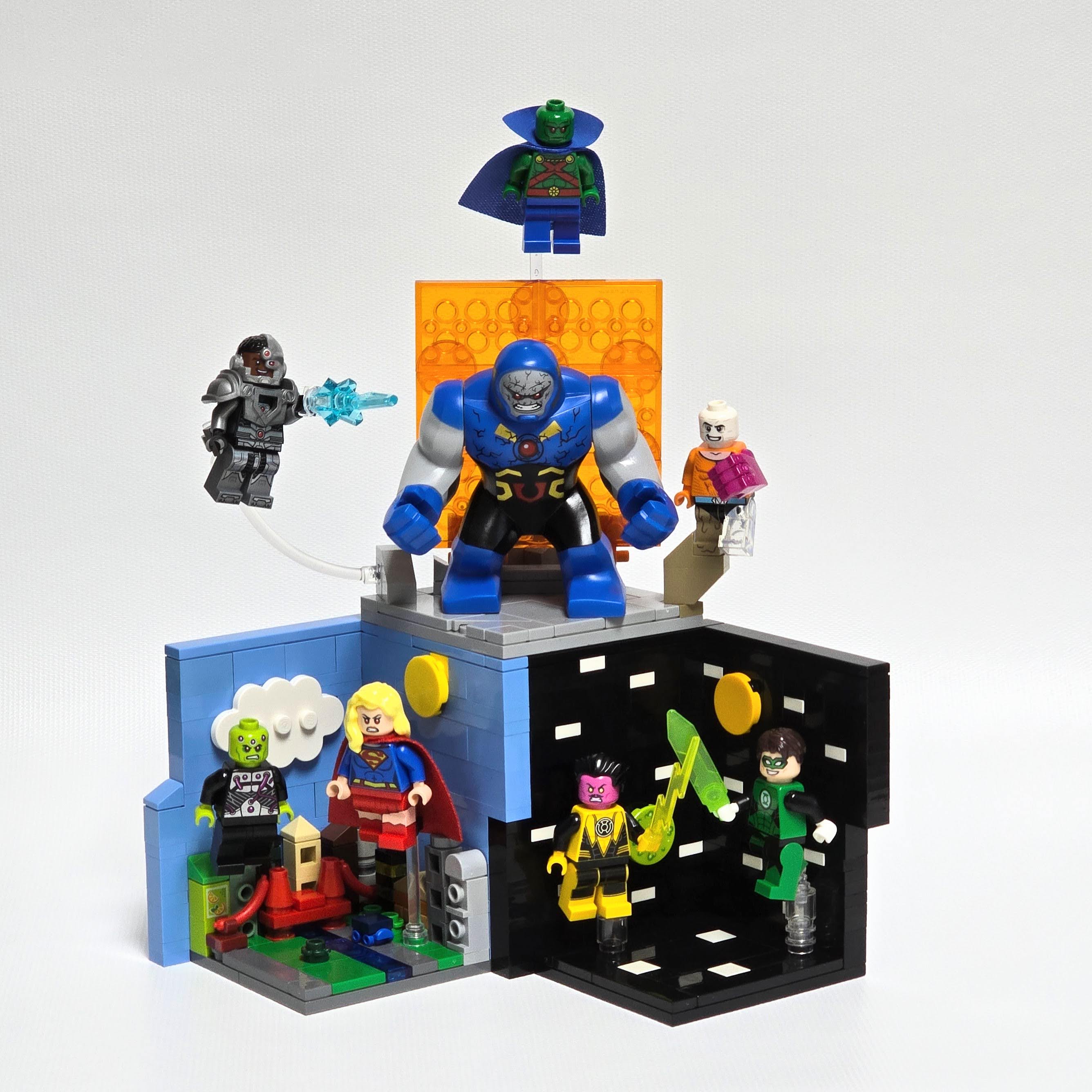Stack of DC-comics themed Lego minifigure habitats, created by Alex Lyman
