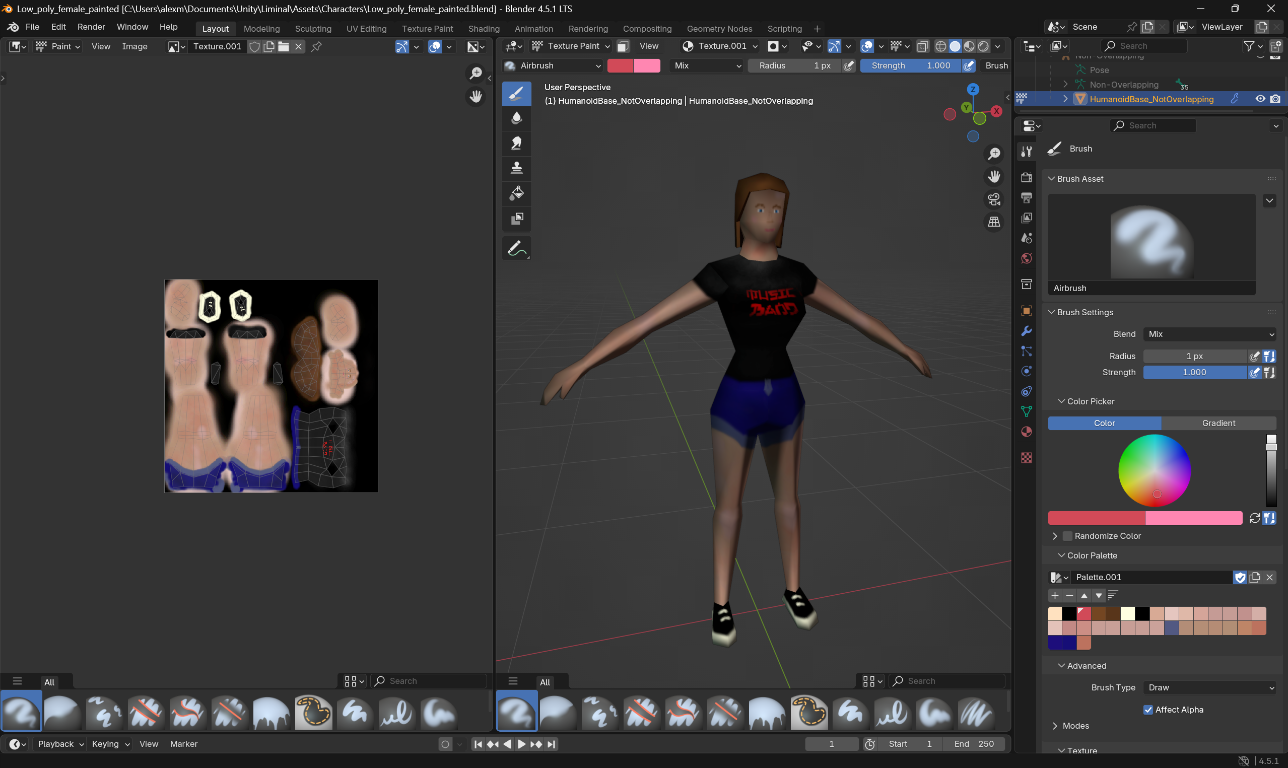 Blender texture painting interface with a low-poly woman.