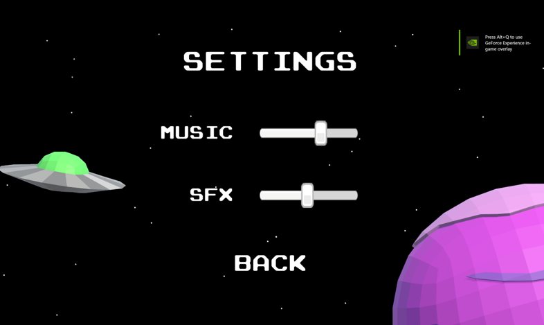 Chrono Chaos Settings menu, with a ufo and a planet.