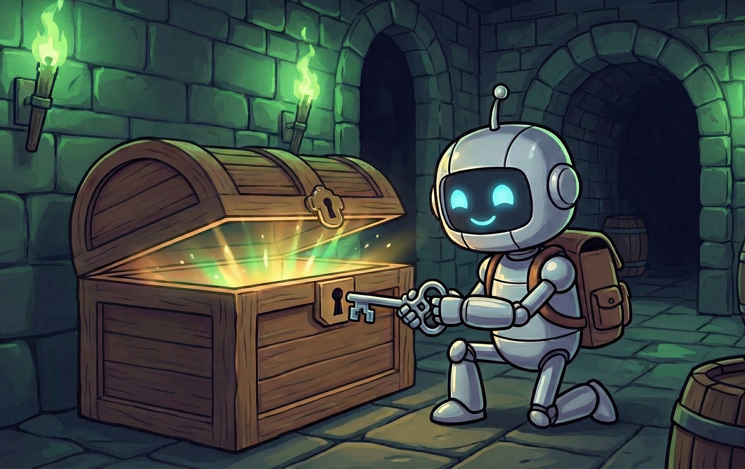 Pip, the text agent, opening a treasure chest. Created with Nano Banana