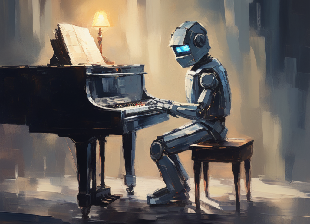 Painting of a robot playing the piano.
