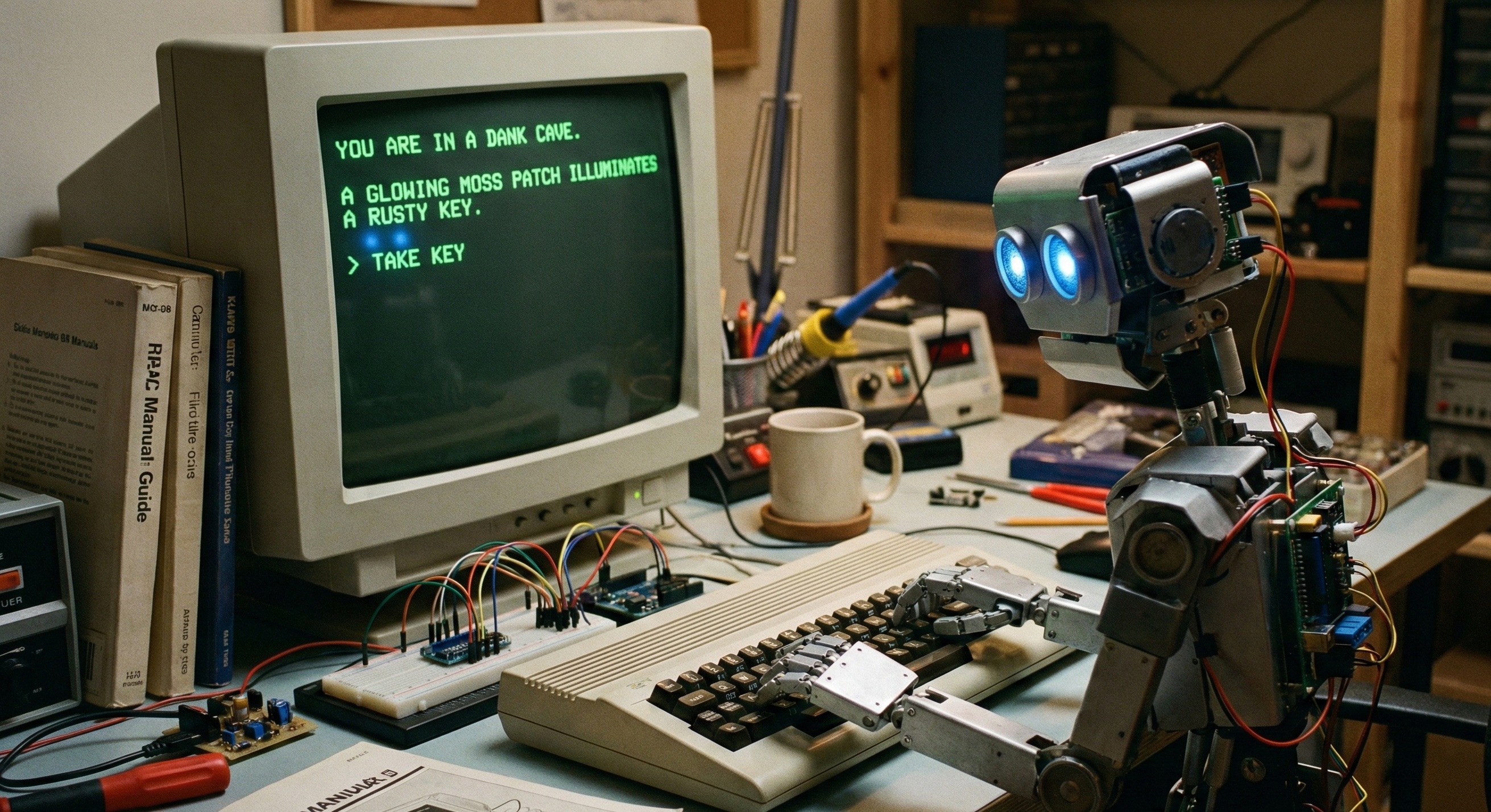 Robot, seated at a computer, playing a text-based adventure game. Generated by Nano Banana