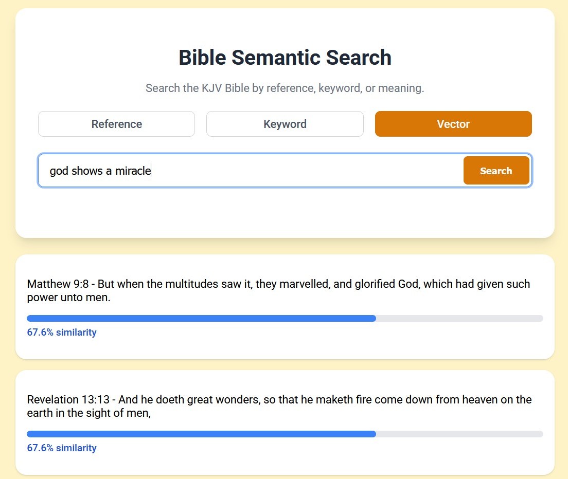 Interface of Alex Lyman's Bible Semantic Search Engine