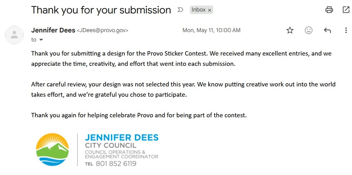 rejection letter for the Provo Sticker contest