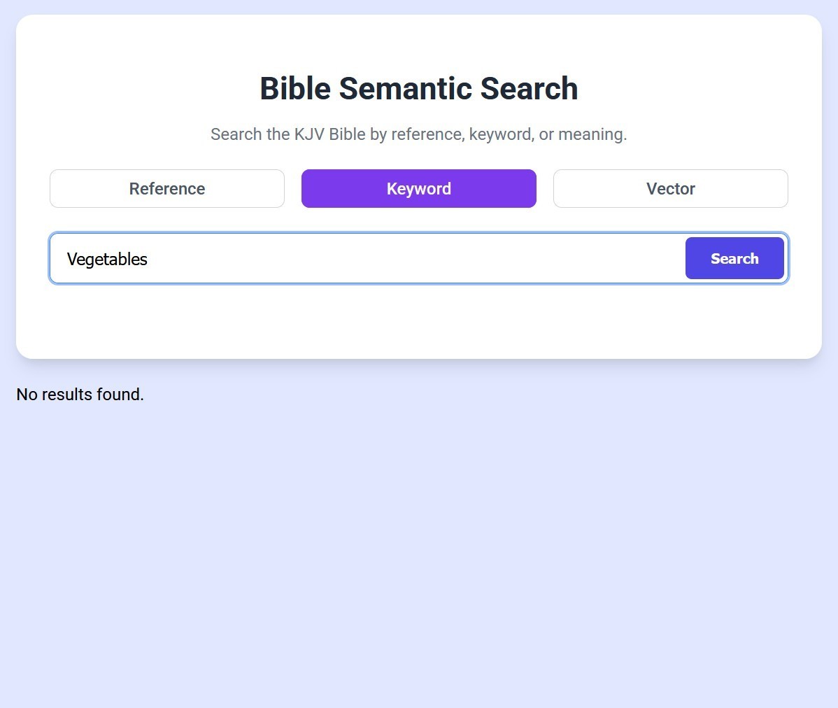 Keyword Search on the tool, searching for the term 'vegetables'. No results are found