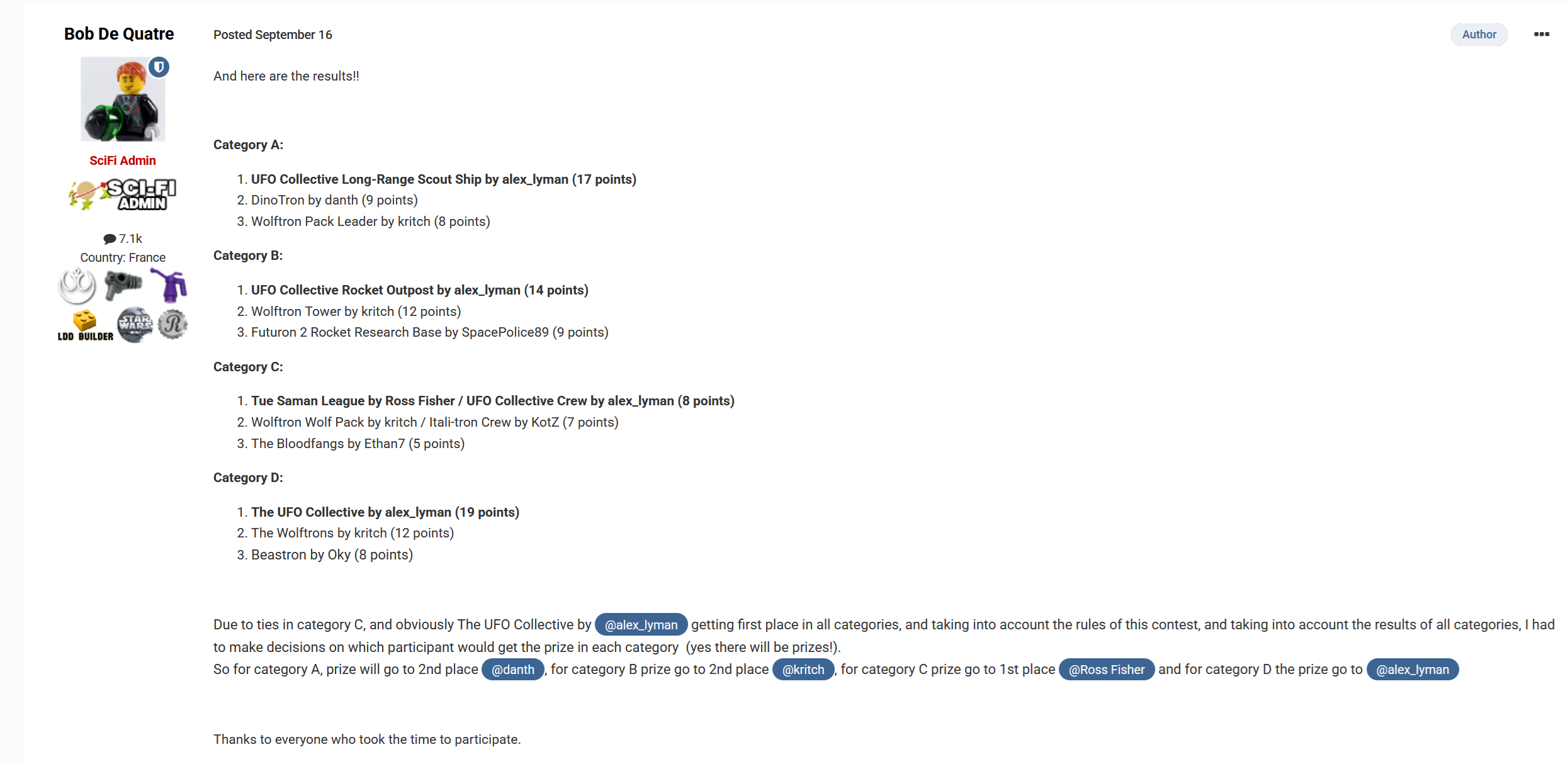 Forum post detailing the fact that I won all 4 categories!